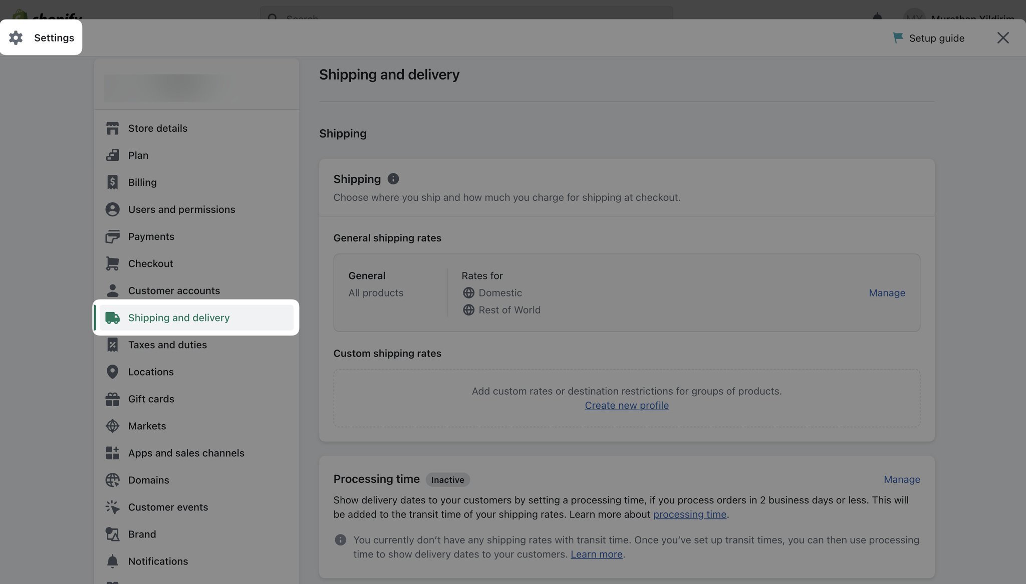 Shopify settings shipping and delivery section on the admin panel showed highlighted