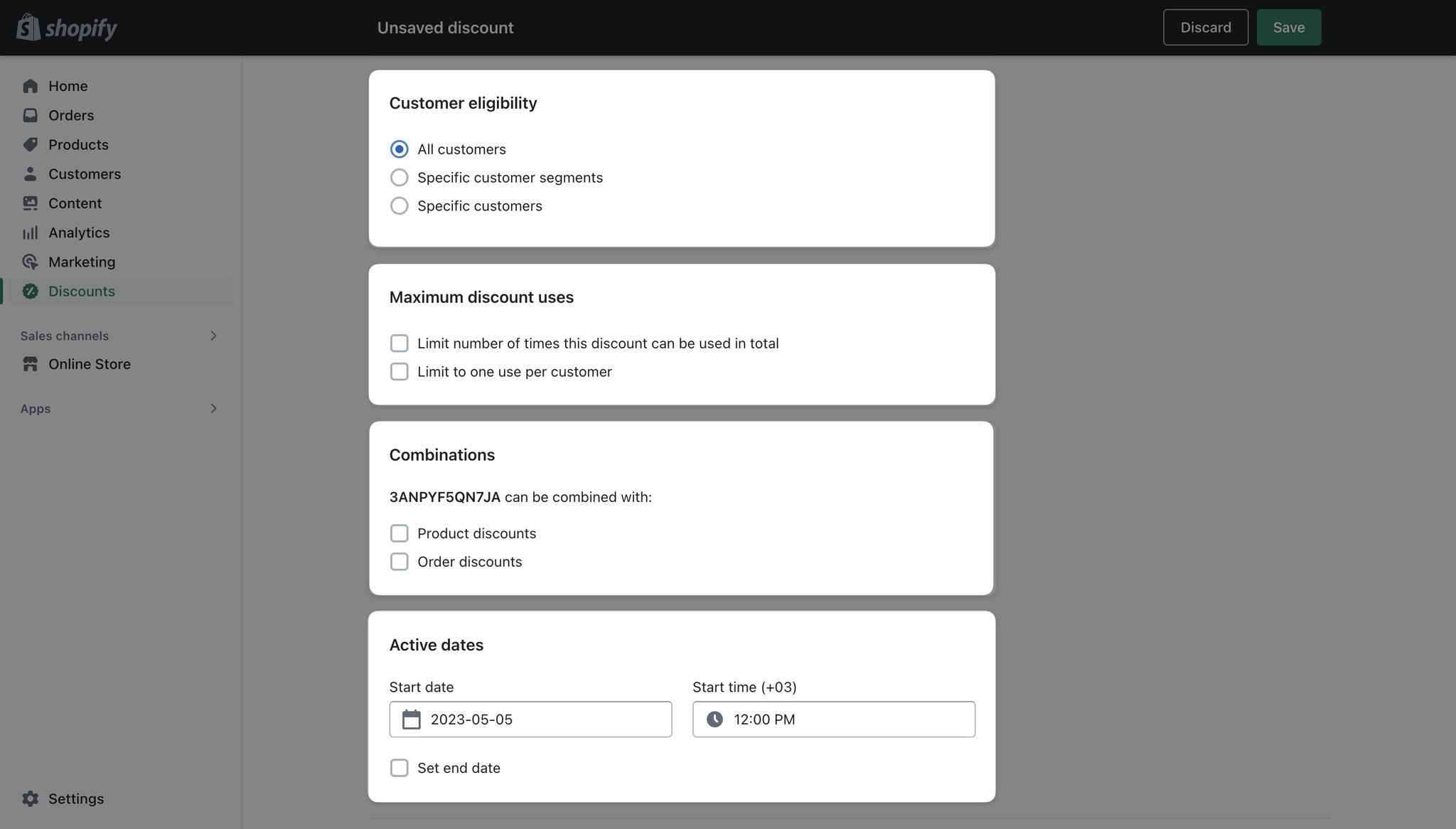 Shopify discount configuration page with “Customer eligibility”, “Maximum discount uses”, “Combinations”, and “Active dates” as highlighted