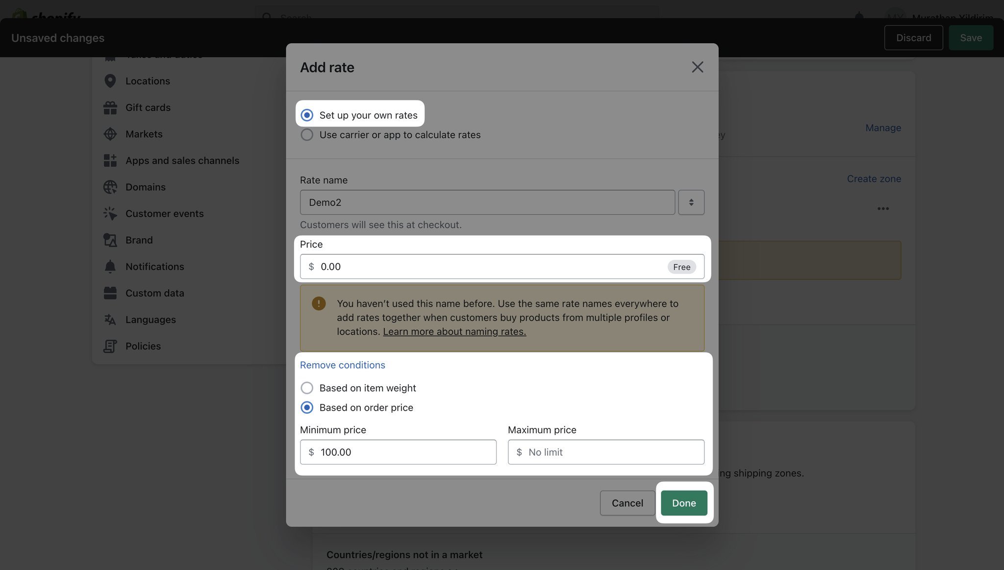 Shopify shipping rate edit modal showing “Set up your own rates”, “Price”, and “Conditions” sections as highlighted