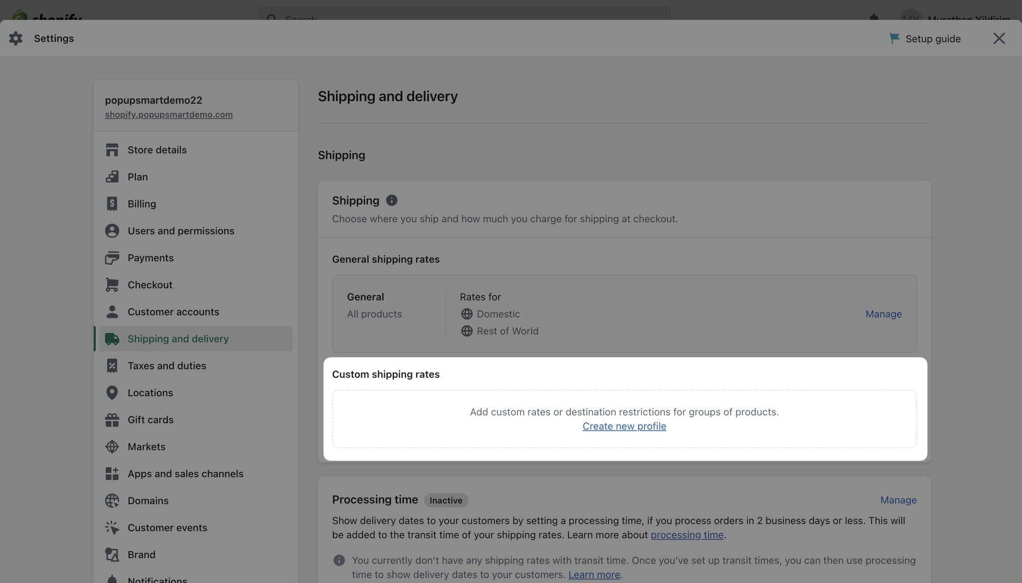 Shopify custom shipping rate section shown highlighted with “Create new profile” button