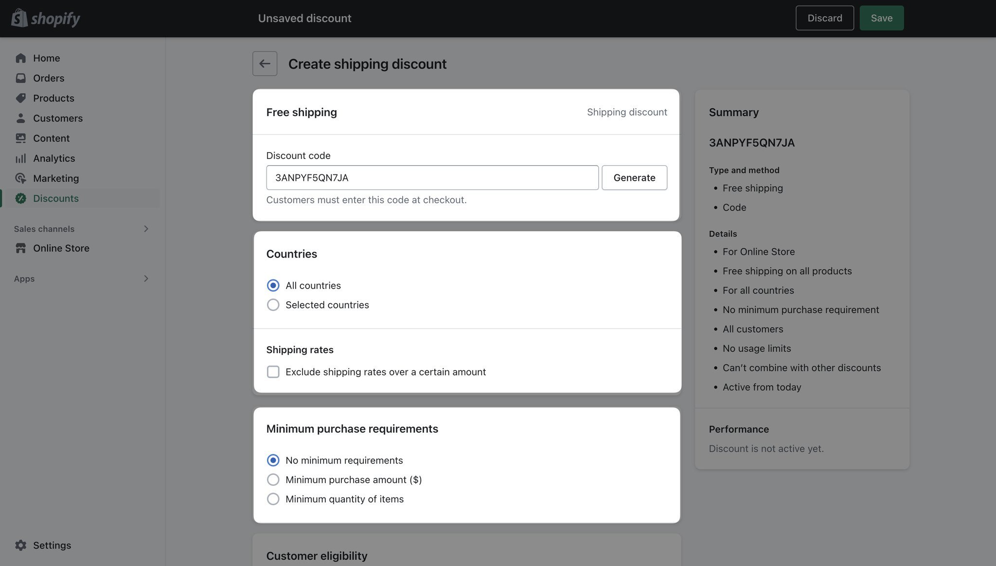 Shopify discount code section showing “Free shipping”, “Countries”, and “Minimum purchase requirements” as highlighted