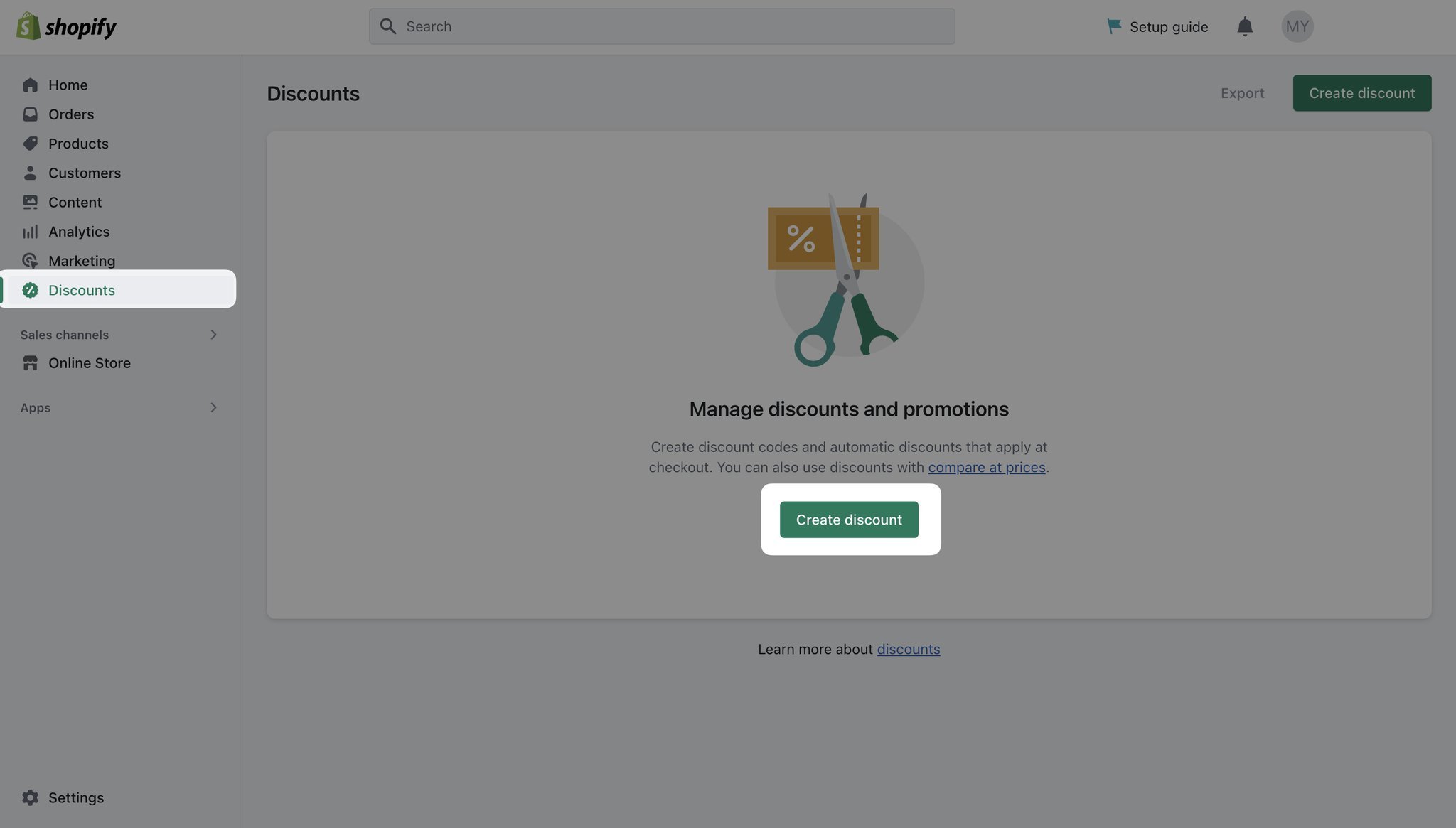 Shopify admin “Discounts” section showing “Create discount” as highlighted