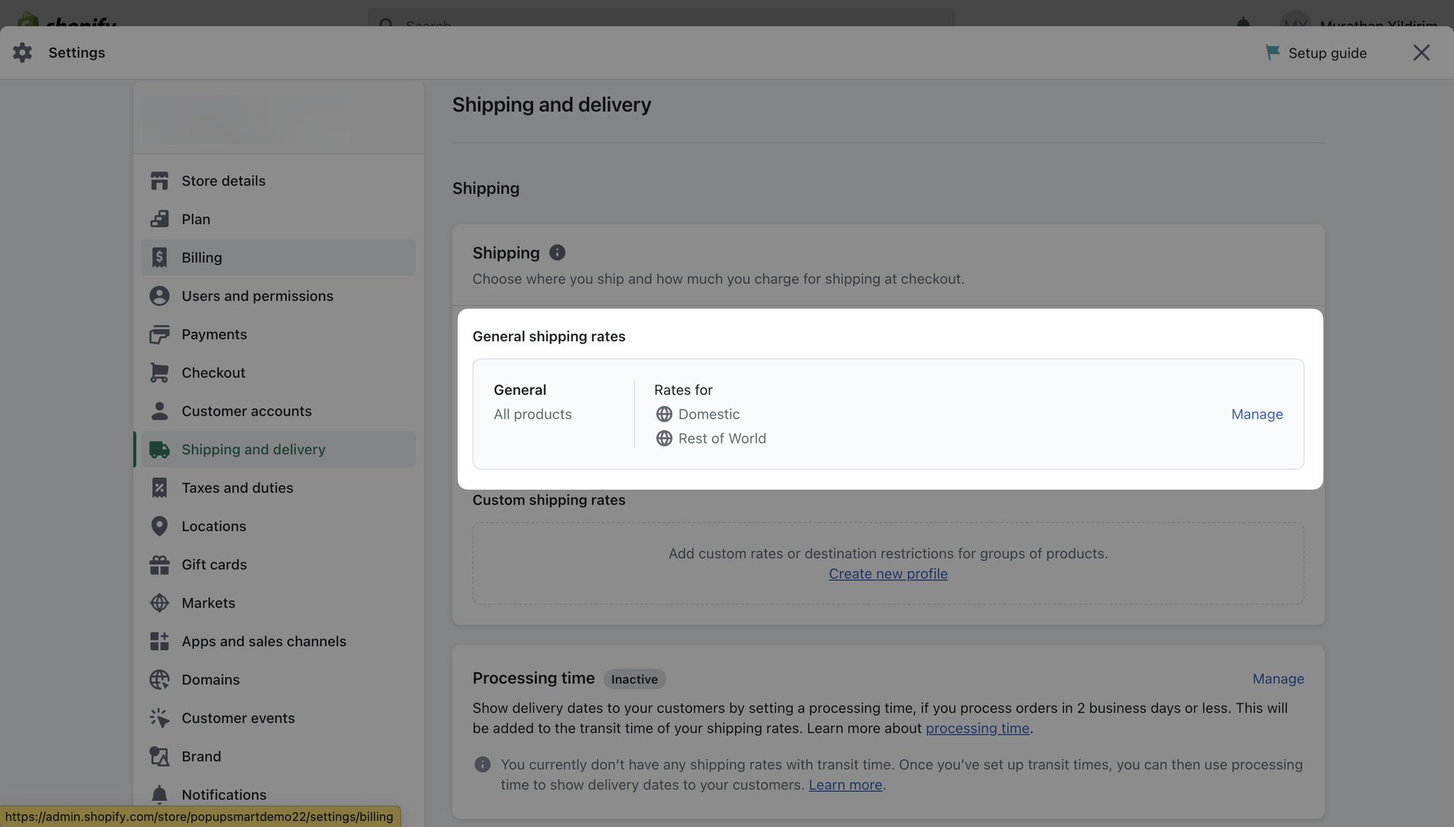 Shopify shipping and delivery sections showing general shipping rates as highlighted
