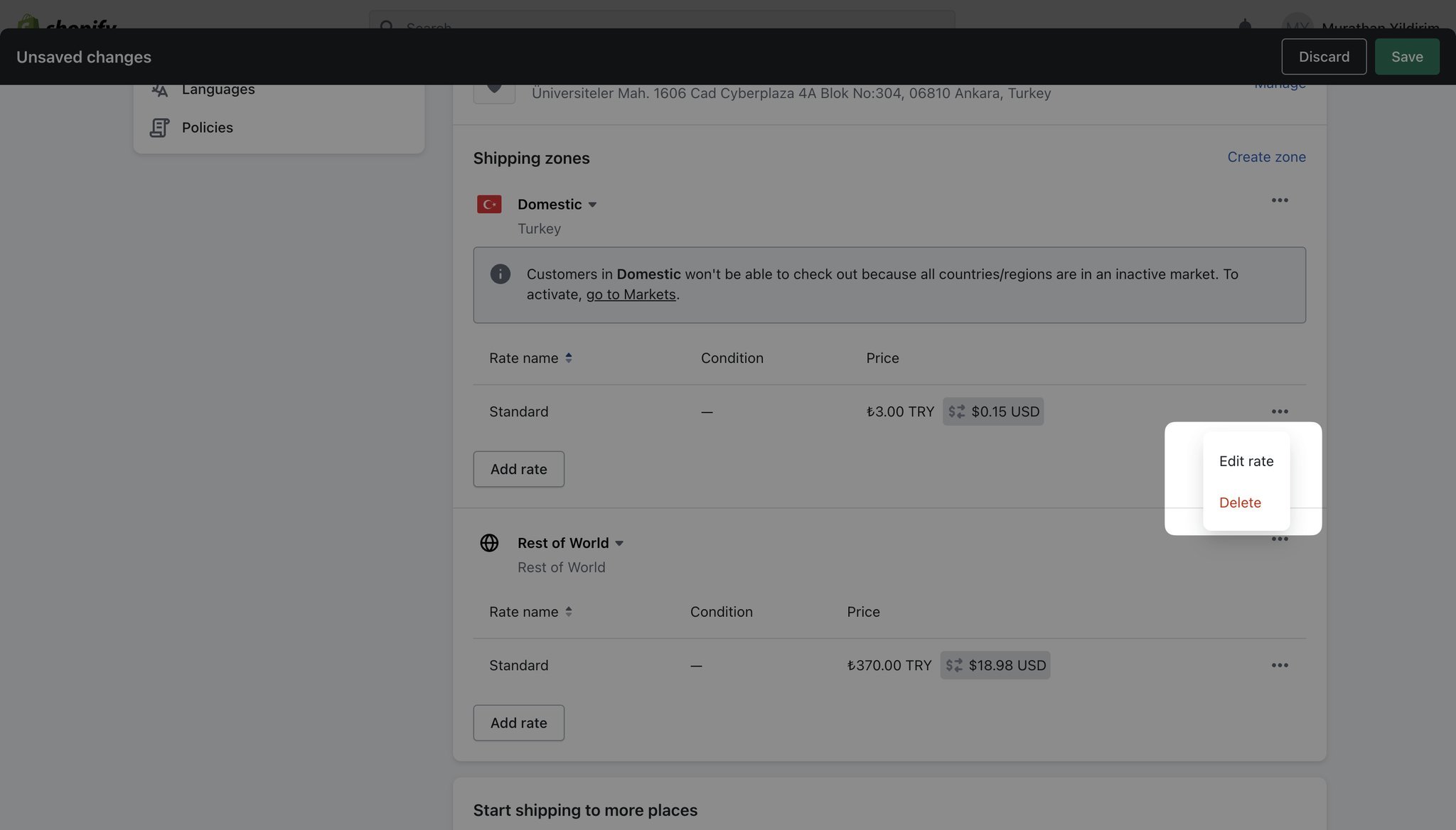 Shopify shipping zones edit section showing edit rate as highlighted