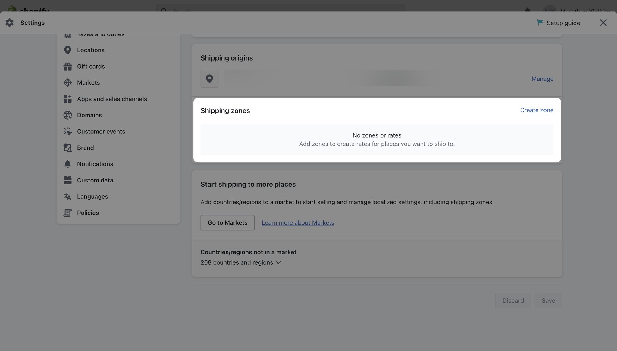 Shopify shipping zones section showing “Create zone” and “Add rate” as highlighted