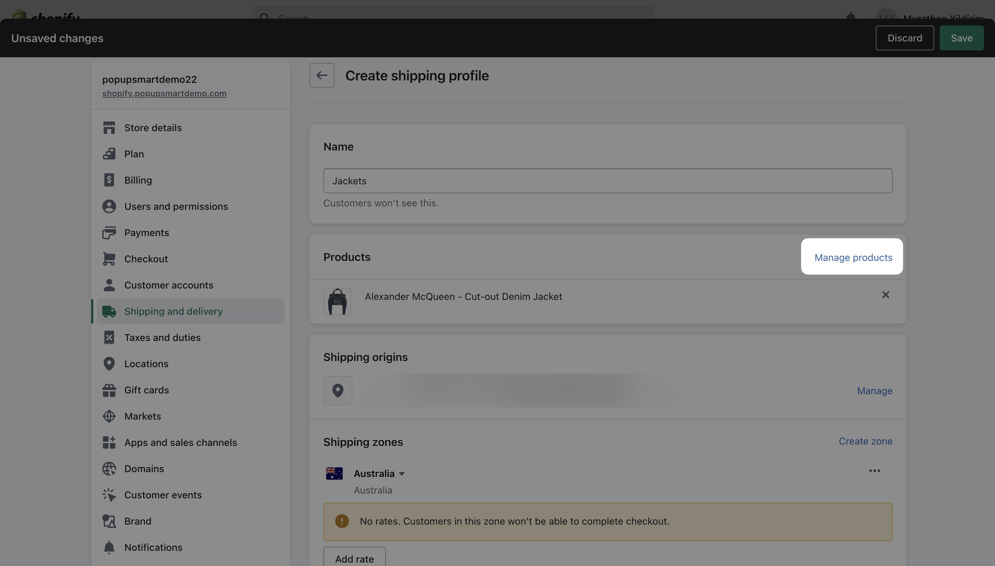 Shopify creating shopping profile section showing “Manage products” as highlighted