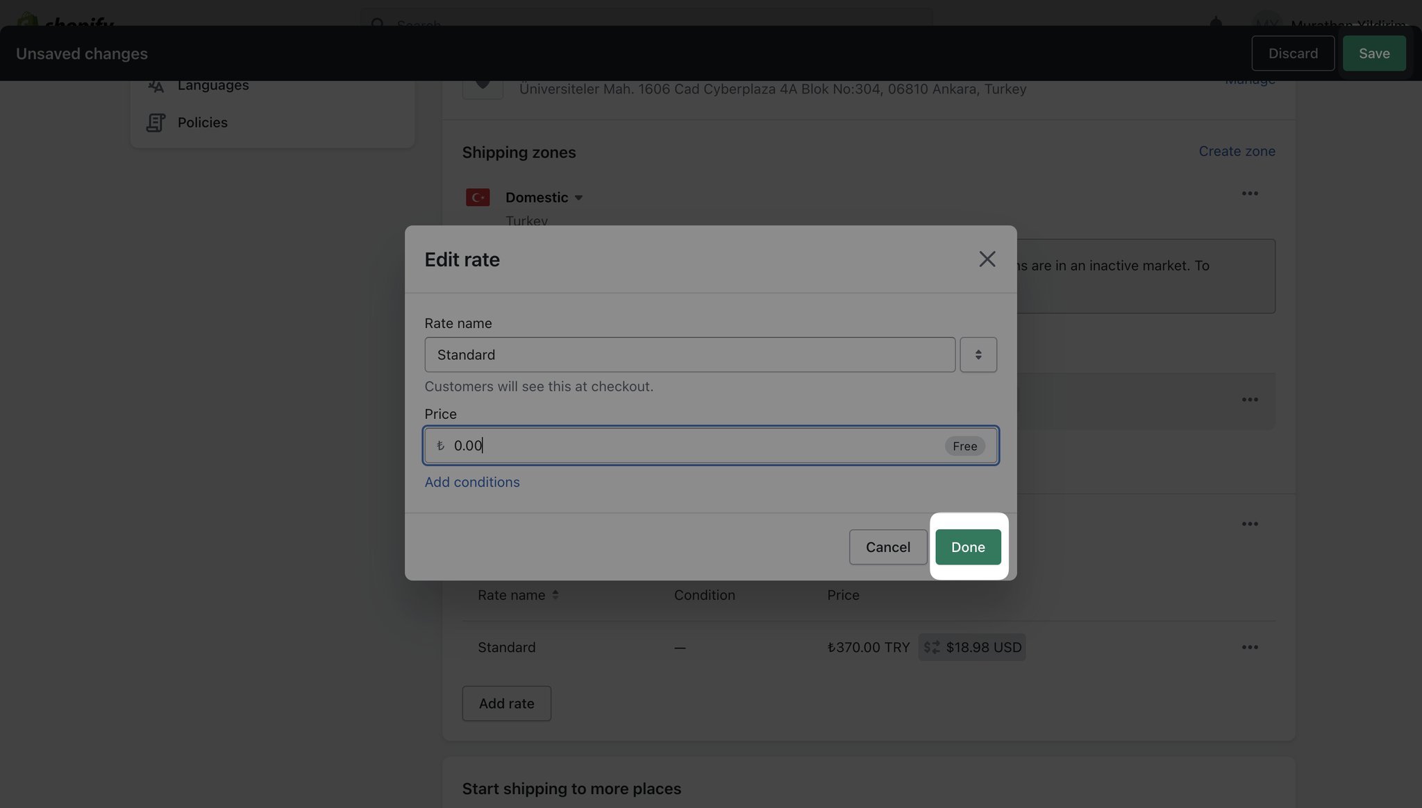 Shopify “edit shipping rate” modal showing “Done” as highlighted