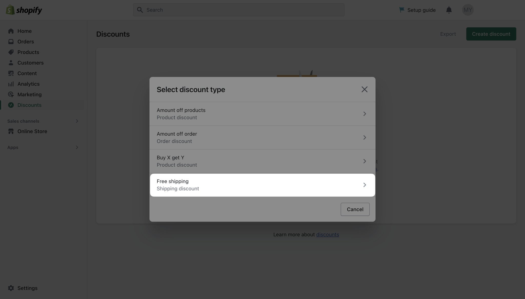 Shopify admin coupon code section showing “Free shipping” highlighted