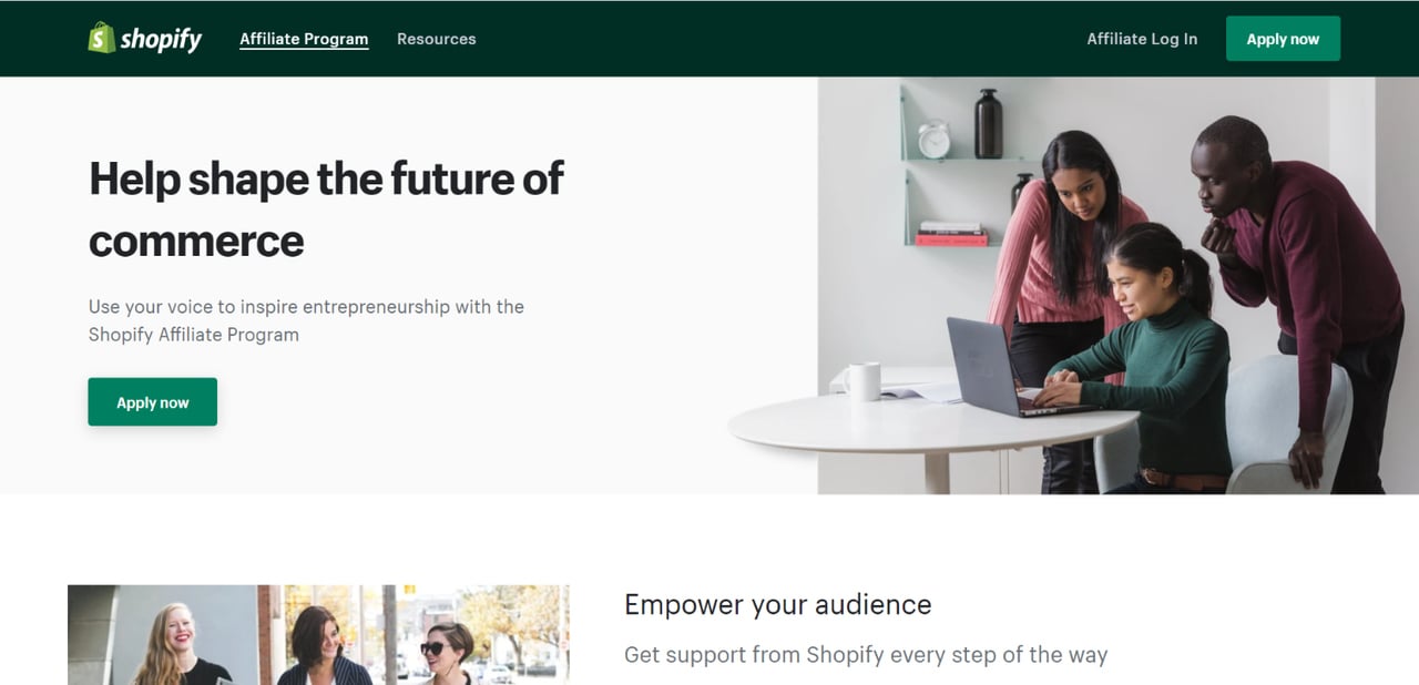 Shopify affiliate program signup page for earning referral commissions