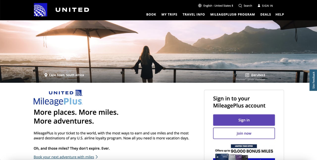United Airlines'ın MileagePlus müşteri sadakat programı ile CTA butonları