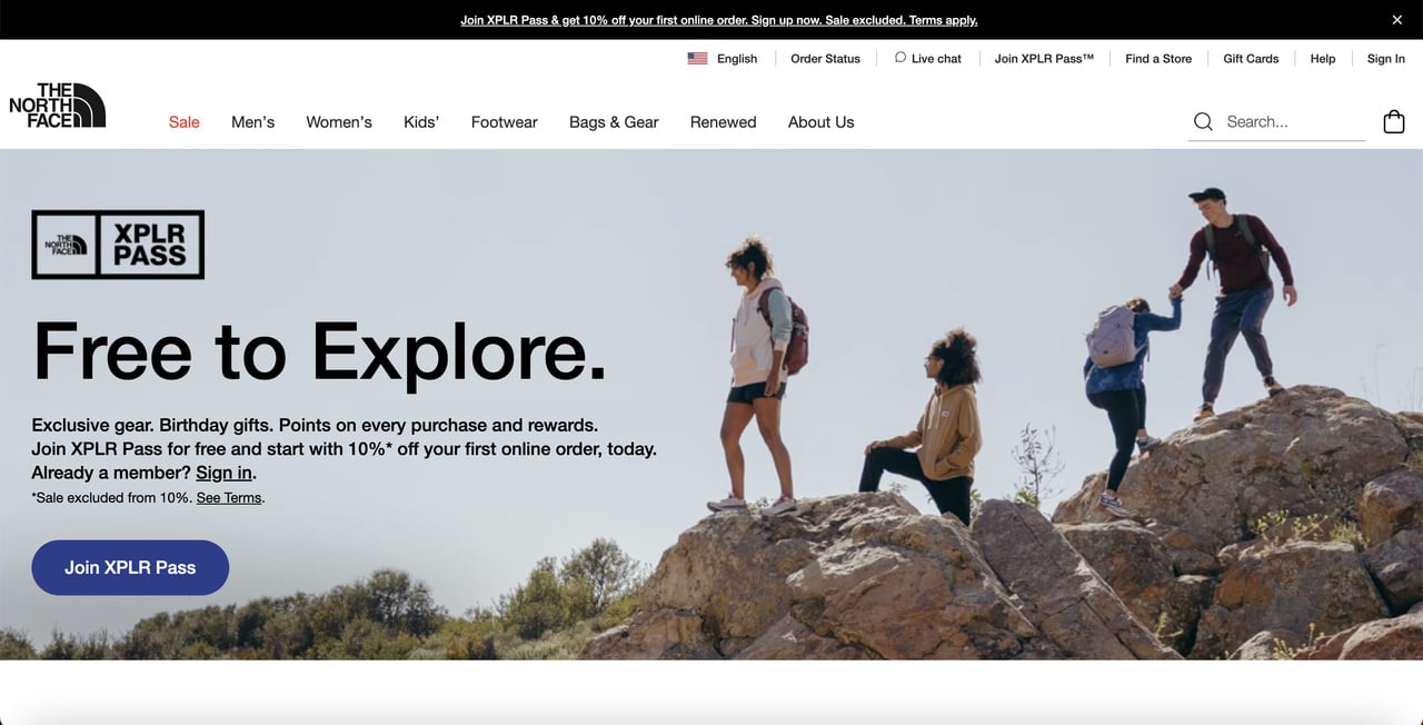 etkileşimli ana ekranıyla The North Face ana sayfası