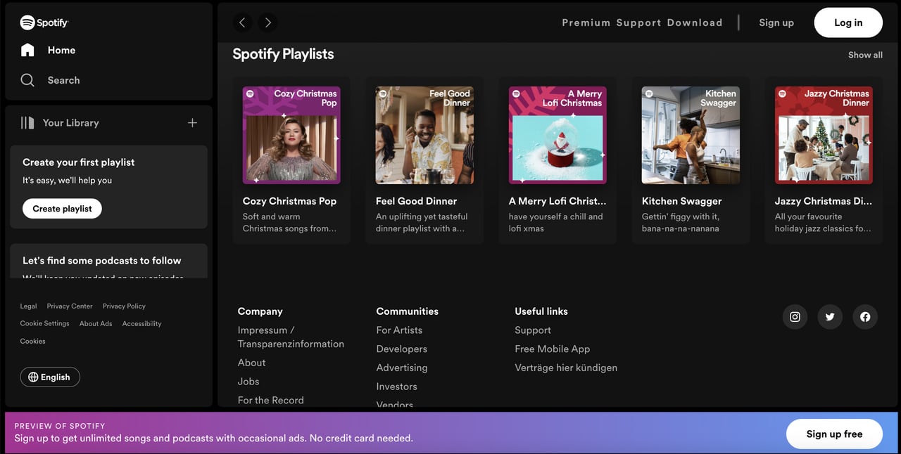 Örnek çalma listeleri ile Spotify ana sayfası