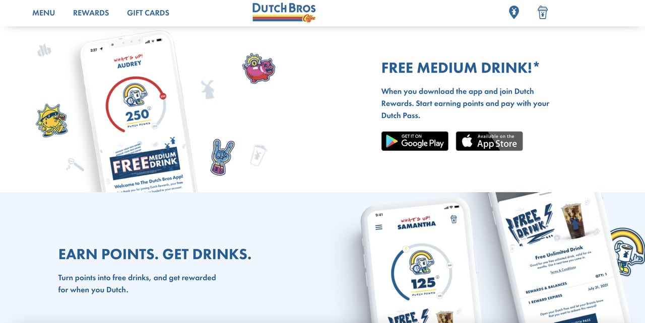 Dutch Bro's coffee sadakat programı sayfası