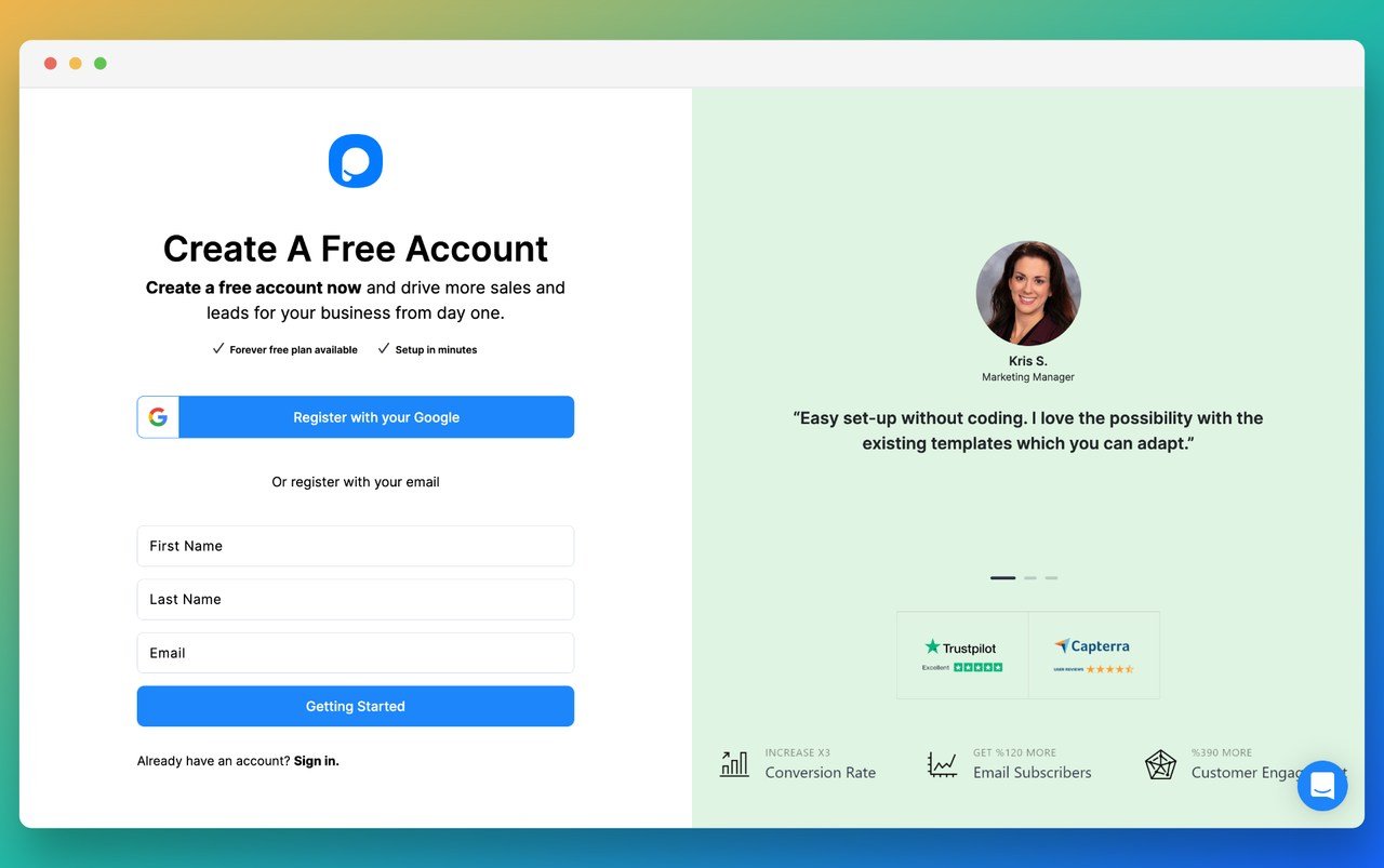 Popupsmart'ın kayıt sayfasının ekran görüntüsü sağ tarafta diğer müşterilerin yorumlarını gösteriyor