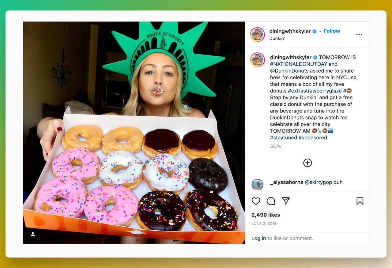 DunkinDonuts Instagram sayfasından, Ulusal Donut Günü için yaptıkları influencer pazarlama kampanyasını gösteren bir ekran görüntüsü