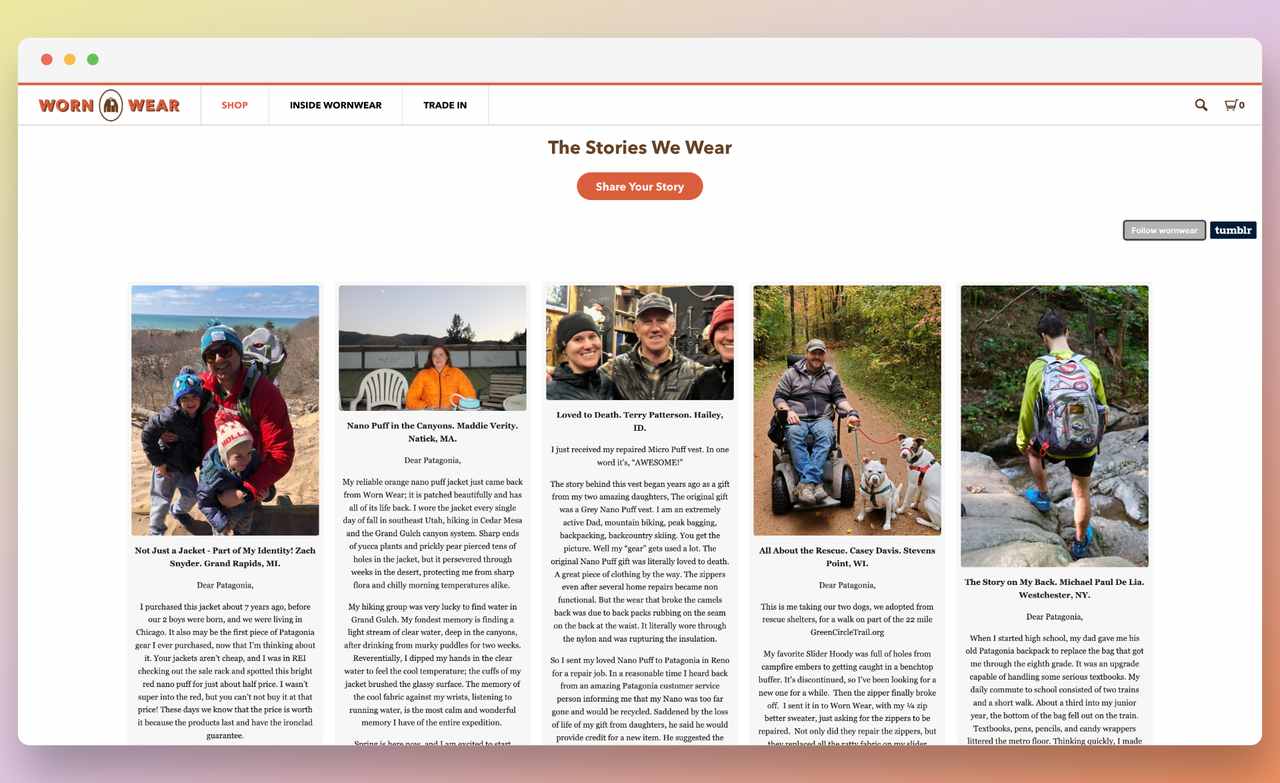 Patagonia’nın Worn to Wear sayfasında sadık müşterilerin ürünlerle ilgili yorumlarını gösteren bir ekran görüntüsü