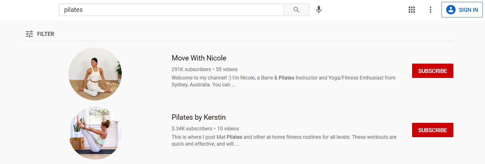 Pilates için YouTube arama sonuçları