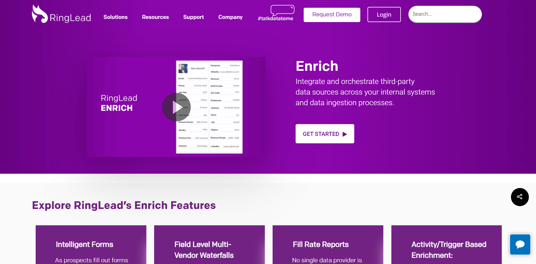 RingLead veri zenginleştirme aracı web sitesi ana sayfası