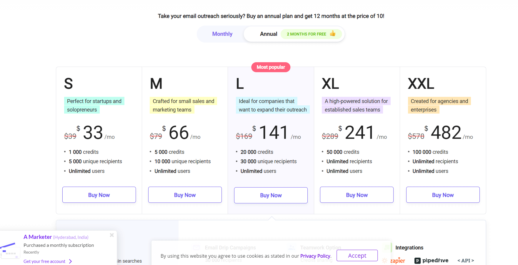 Snov.io internet sitesi fiyatlandırma sayfası