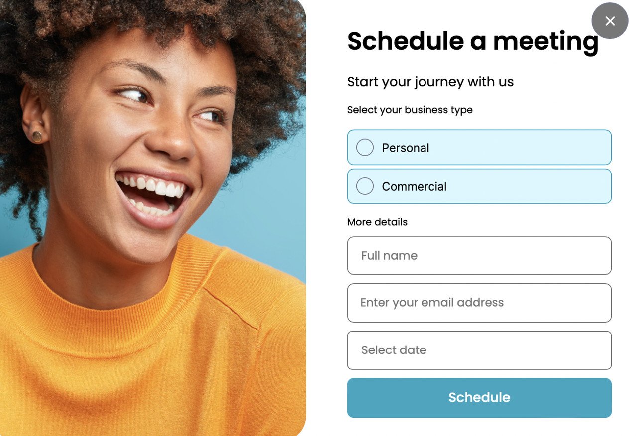 popup form collecting visitor name email and meeting date for DTC first-party data