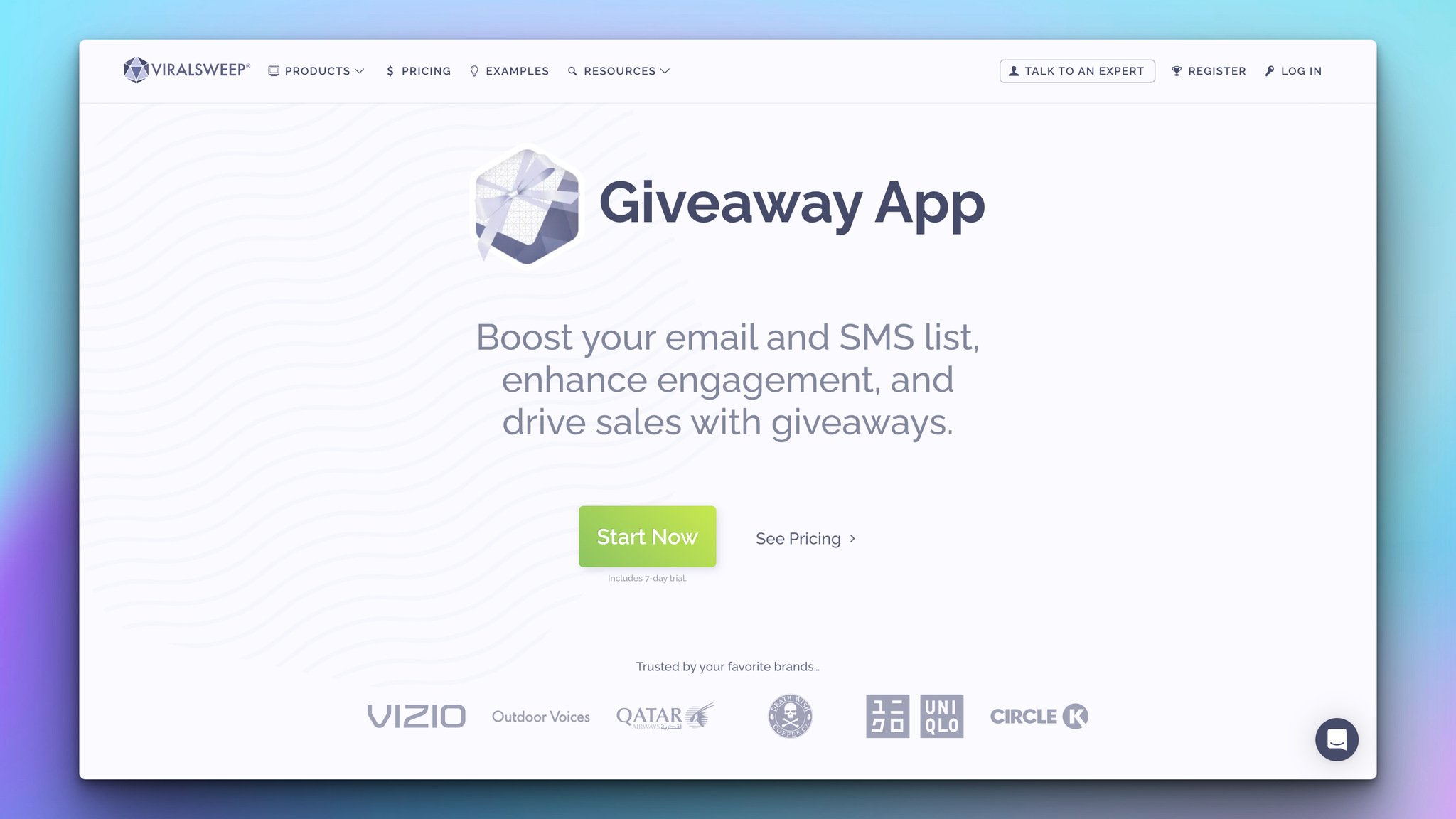 ViralSweep Shopify giveaway app interface with brand logos and start button