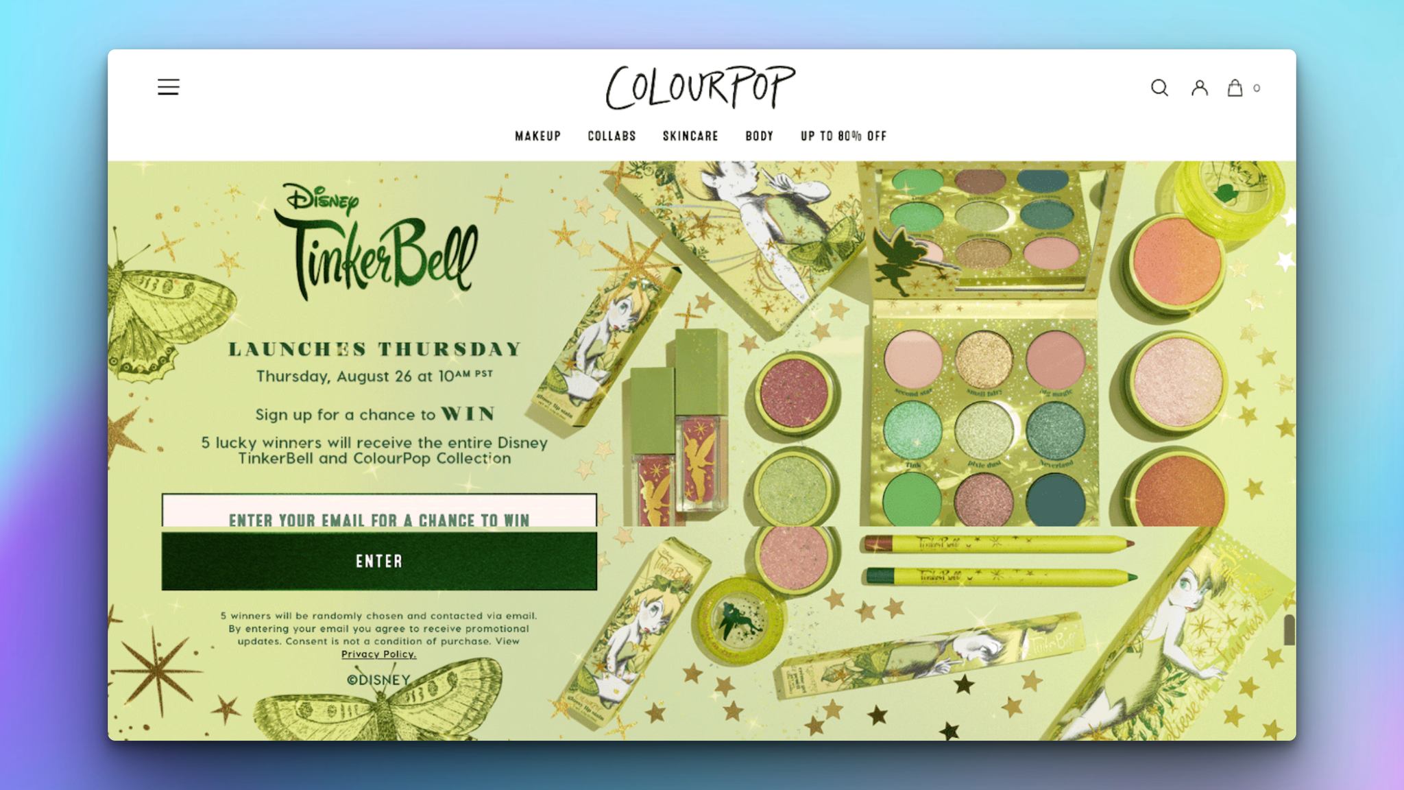 Colourpop giveaway landing page with Tinkerbell theme makeup products and email entry form