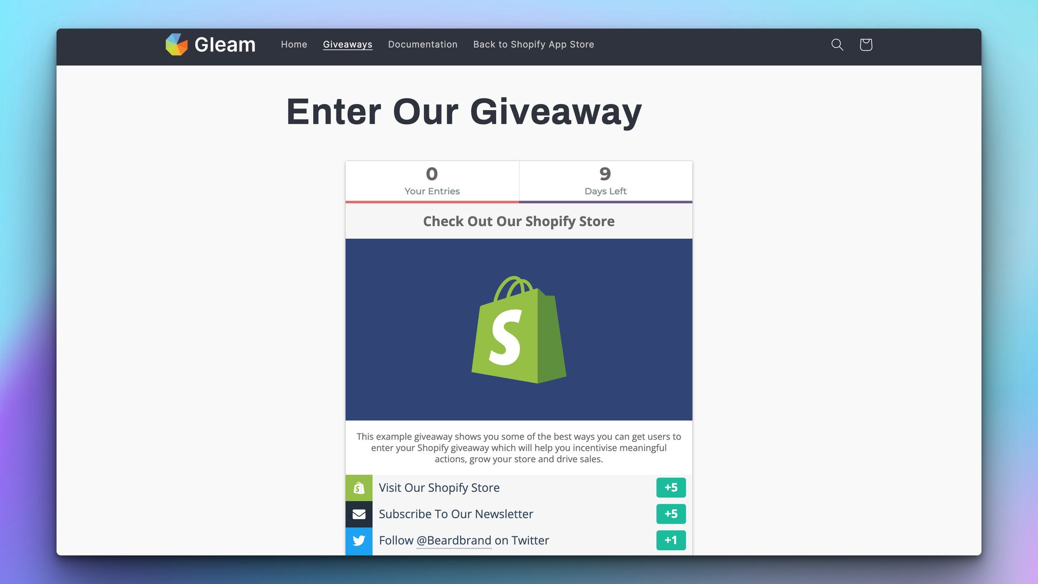 Gleam Shopify app demo page showing giveaway entry widget with social sharing options