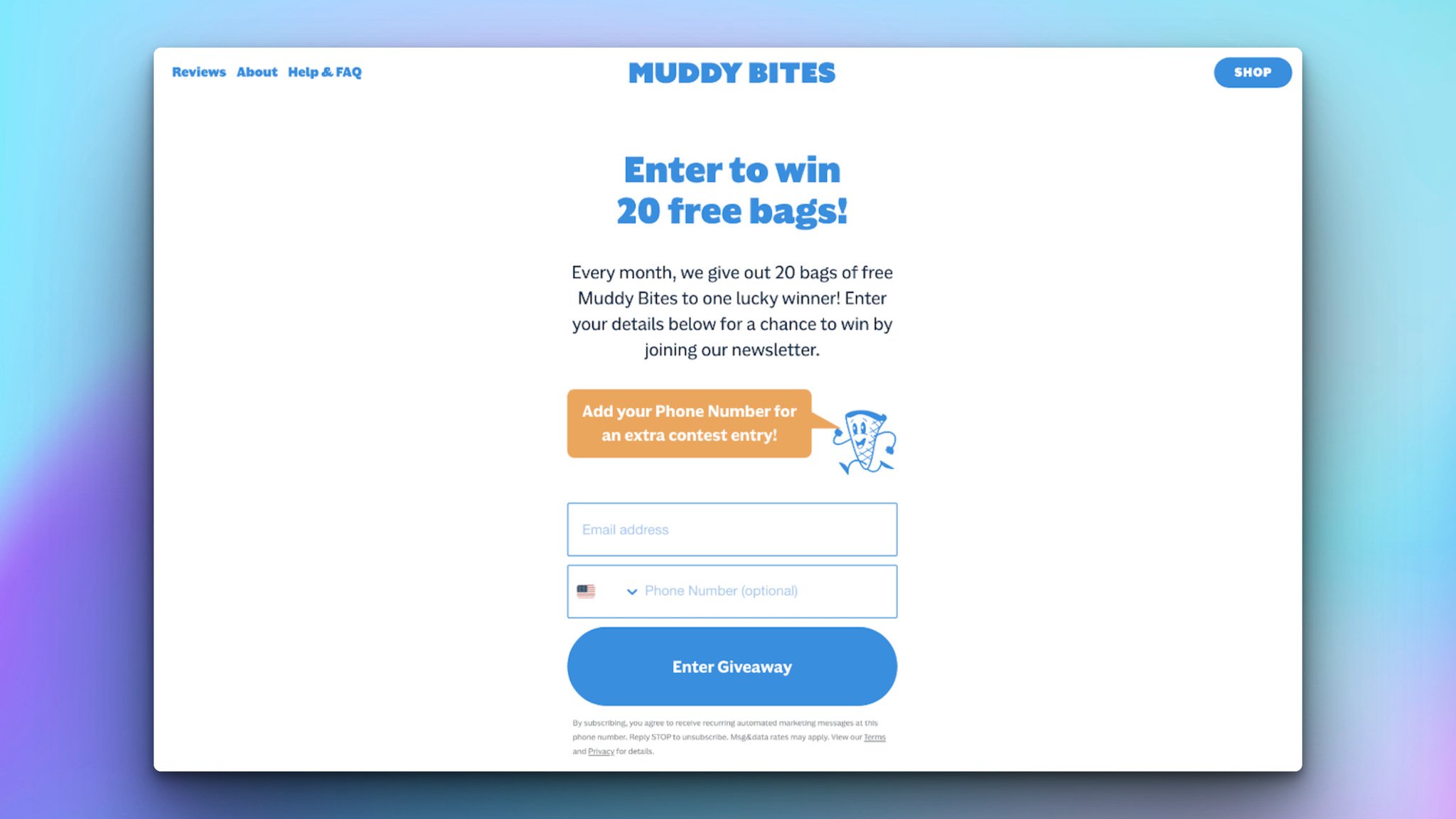 Muddy Bites giveaway landing page with enter to win 20 free bags headline and entry form