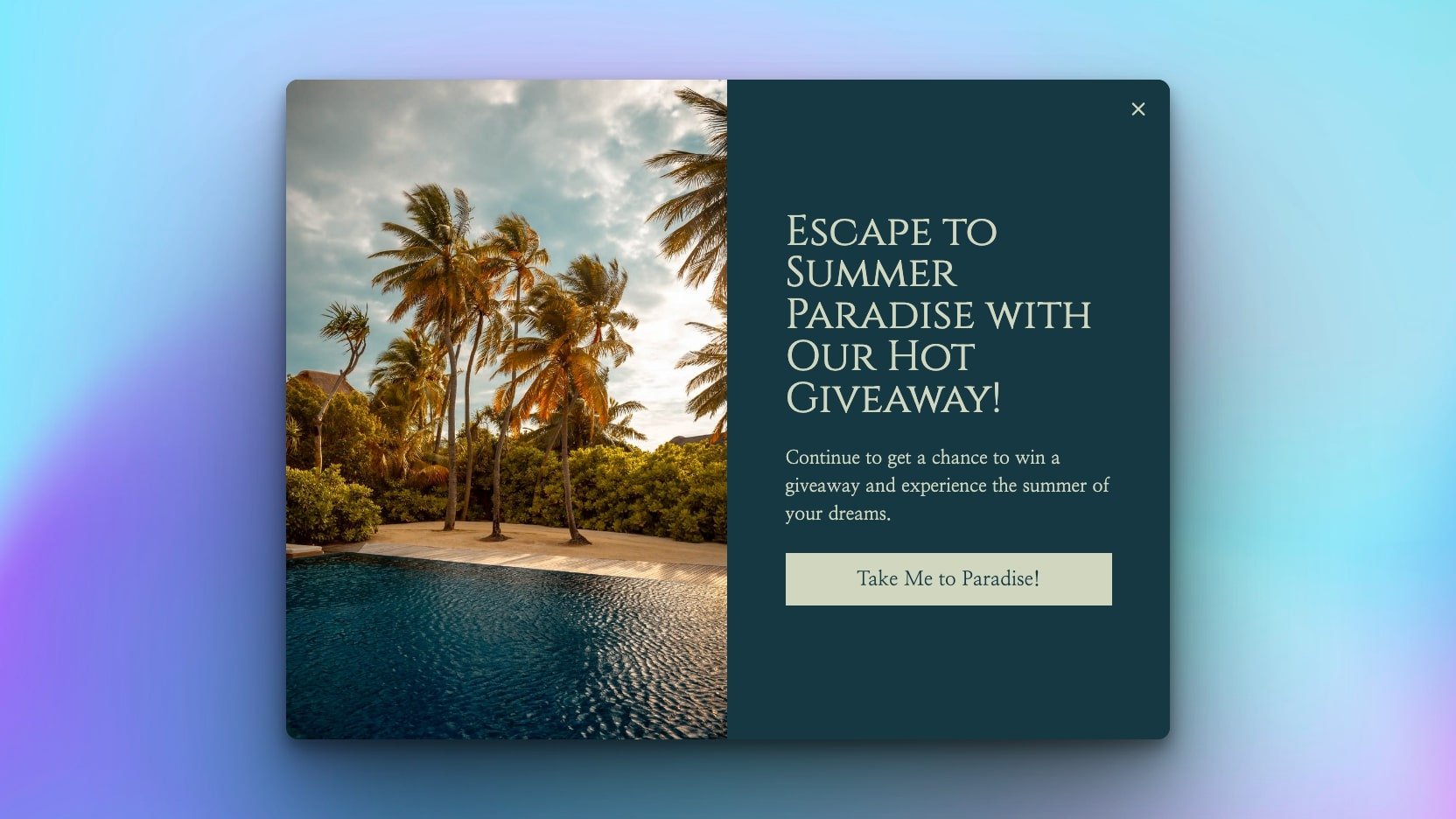 Popupsmart giveaway popup with beach imagery and entry form on dark background