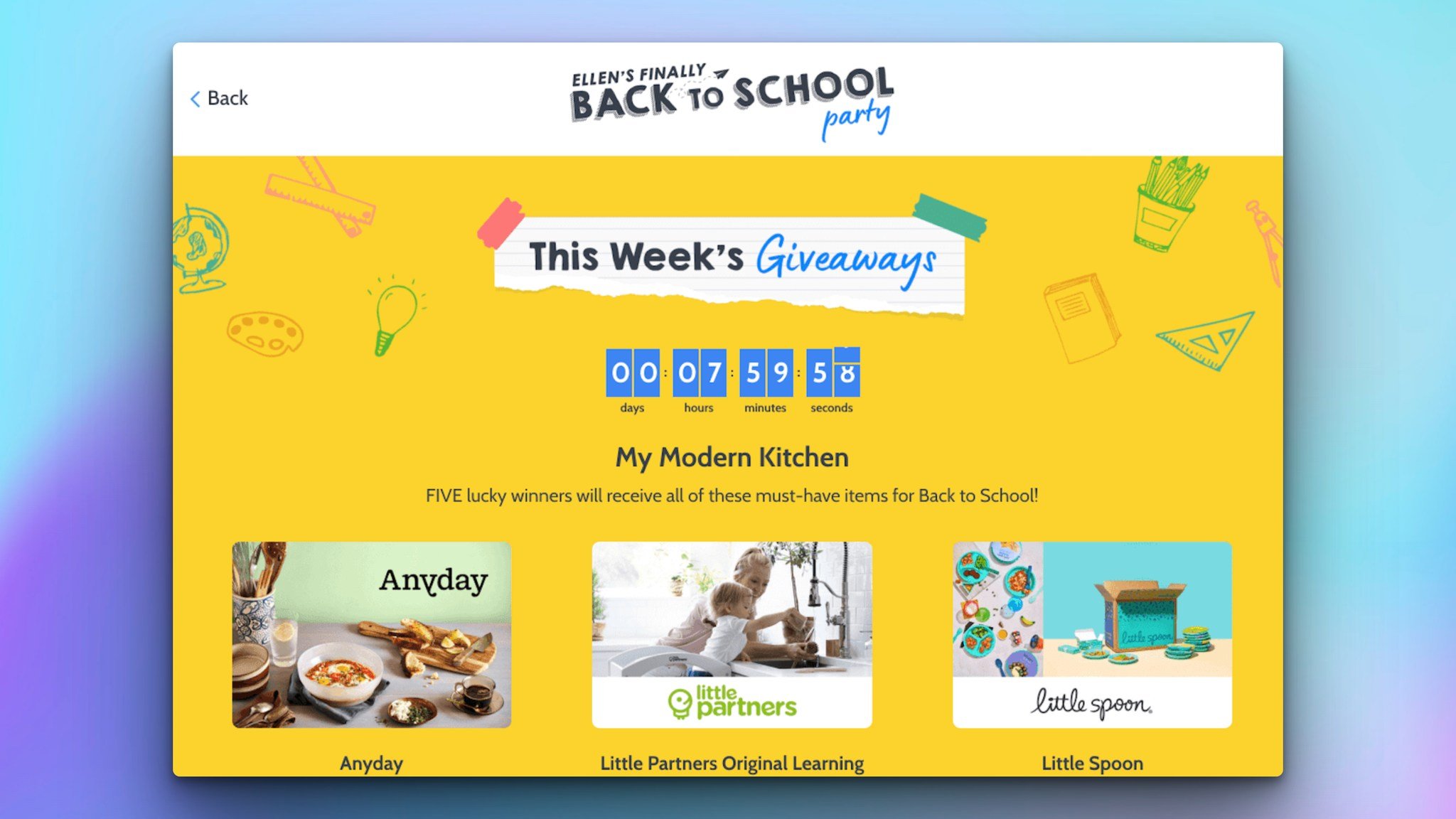 Back to school giveaway landing page with countdown timer and prize images on yellow background
