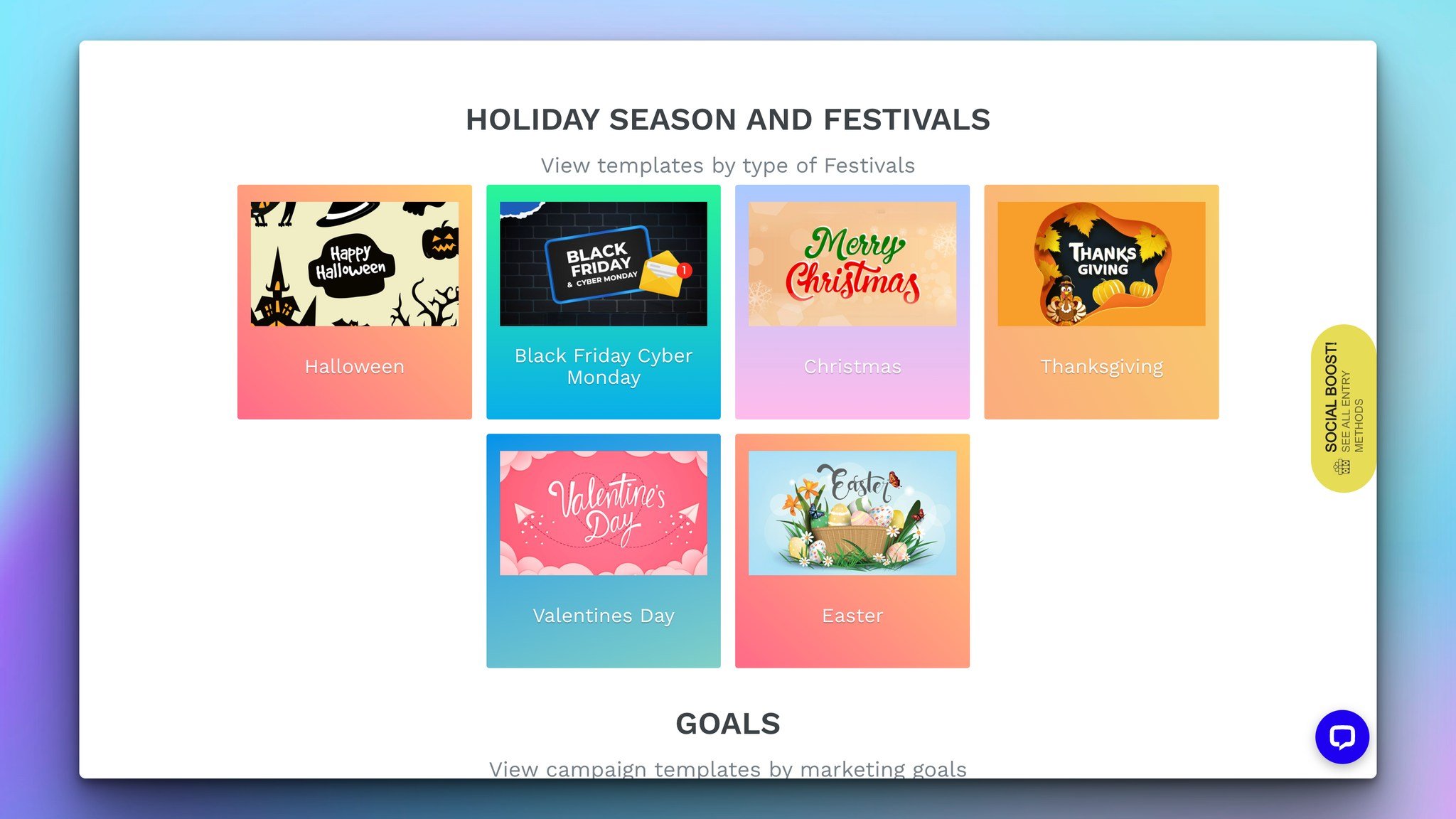 Social Boost giveaway templates for holidays including Halloween and Black Friday campaigns