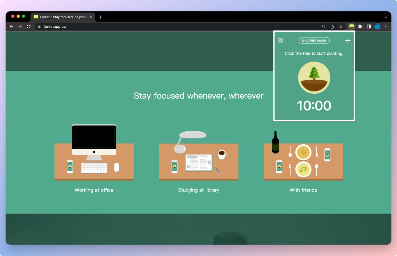 Forest application chrome extension gamification example showing a countdown timer and an illustration of a growing tree