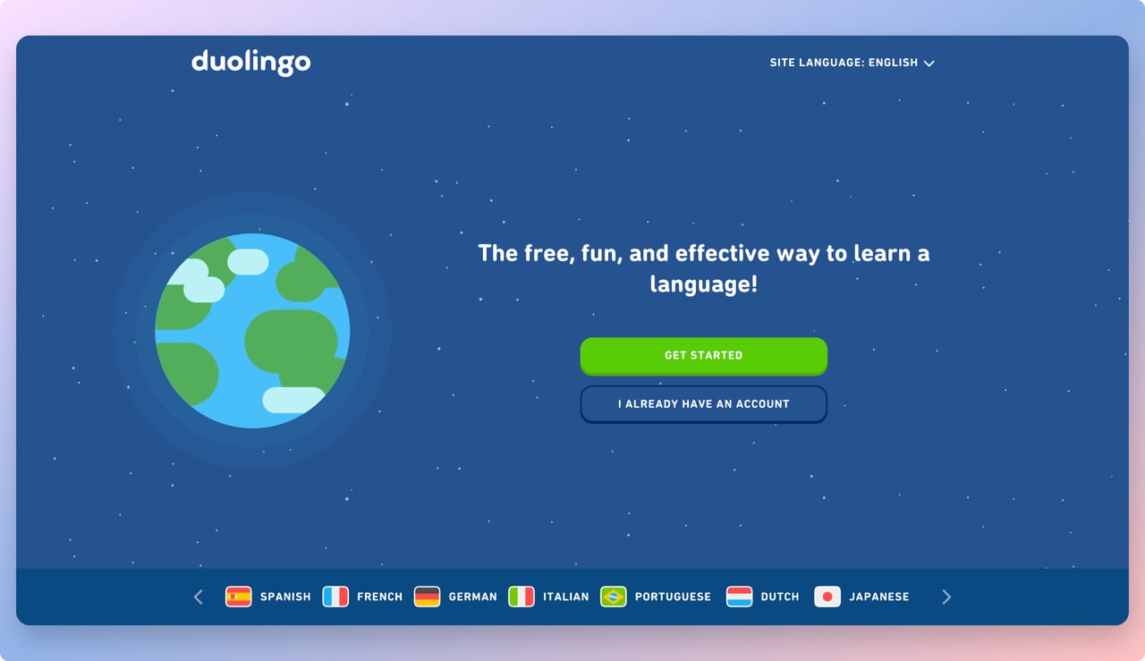 Duolingo e-learning homepage with an illustration of the planet earth on a blue background and a green Get Started call to action