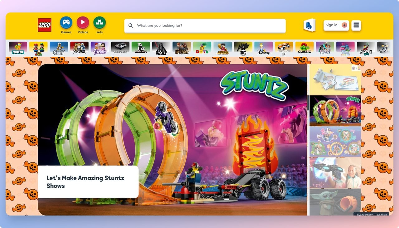 Lego Playground hub page with brand illustrations, mini-games, and gamified collectible elements