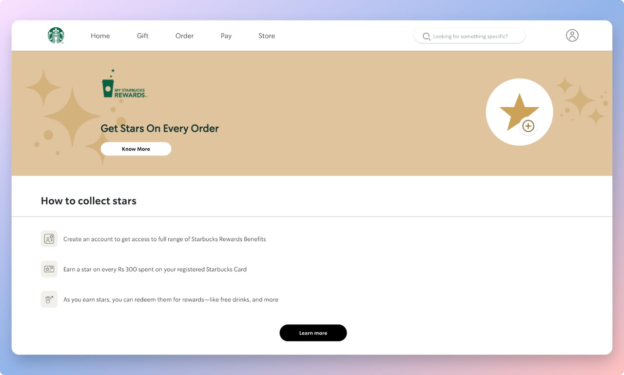 Starbucks Rewards loyalty program page showing Get stars on every order messaging with the Starbucks Rewards logo