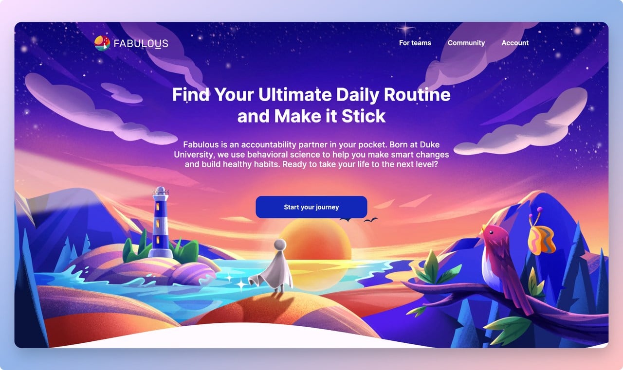 Fabulous brand homepage with an illustration of a character in white watching the sunset and a Start your journey call to action