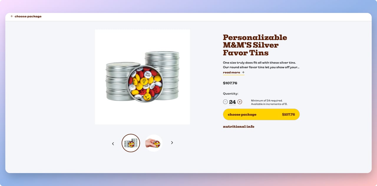 M&M checkout page showing the personalized order with a flexible two-installment payment option