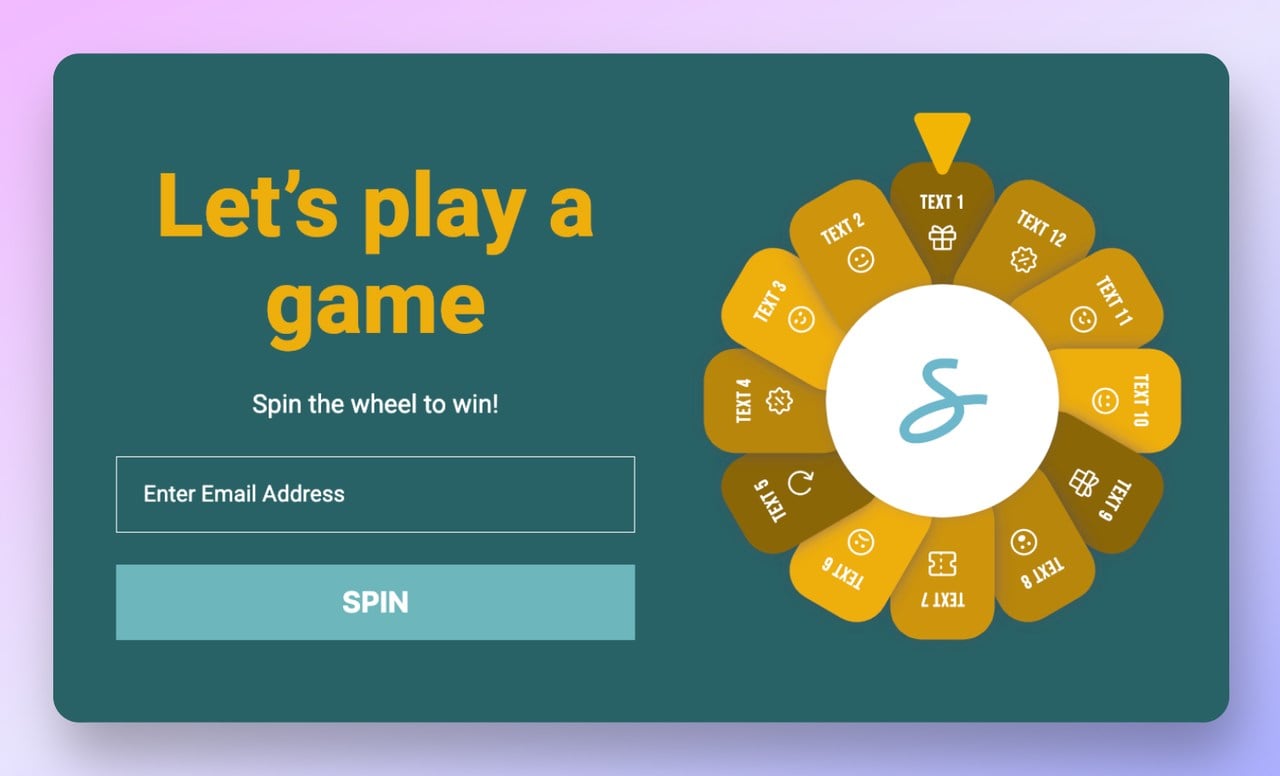 A spin-the-wheel popup template that says lets play a game with a green background and a wheel discount on the right side offering prizes