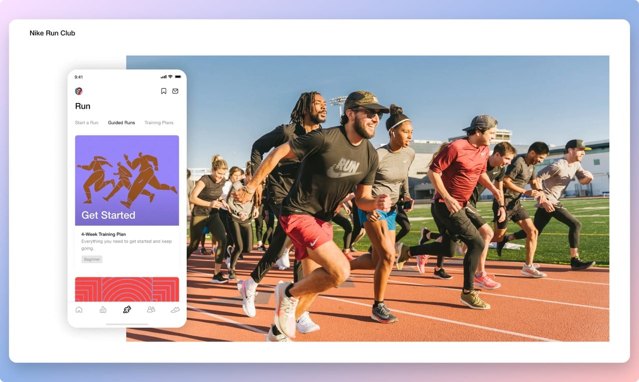 Nike Run Club page showing a photo of people running together happily and a screenshot of the mobile app interface