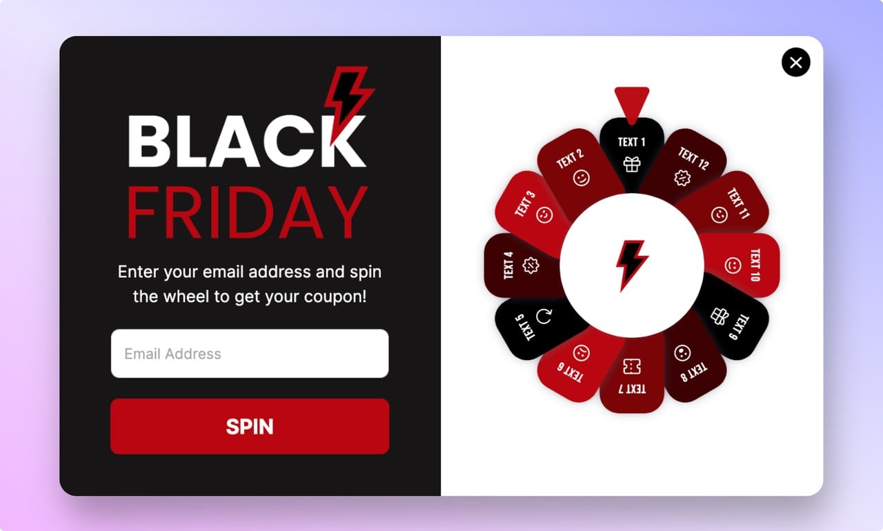 A Black Friday spin the wheel popup example asking for the user's email address with seasonal discount segments