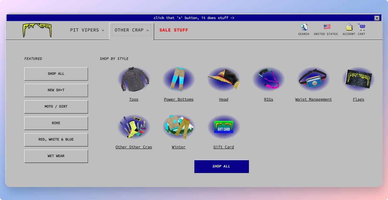 Pit Viper product page styled like an old computer game inventory screen as an ecommerce gamification example