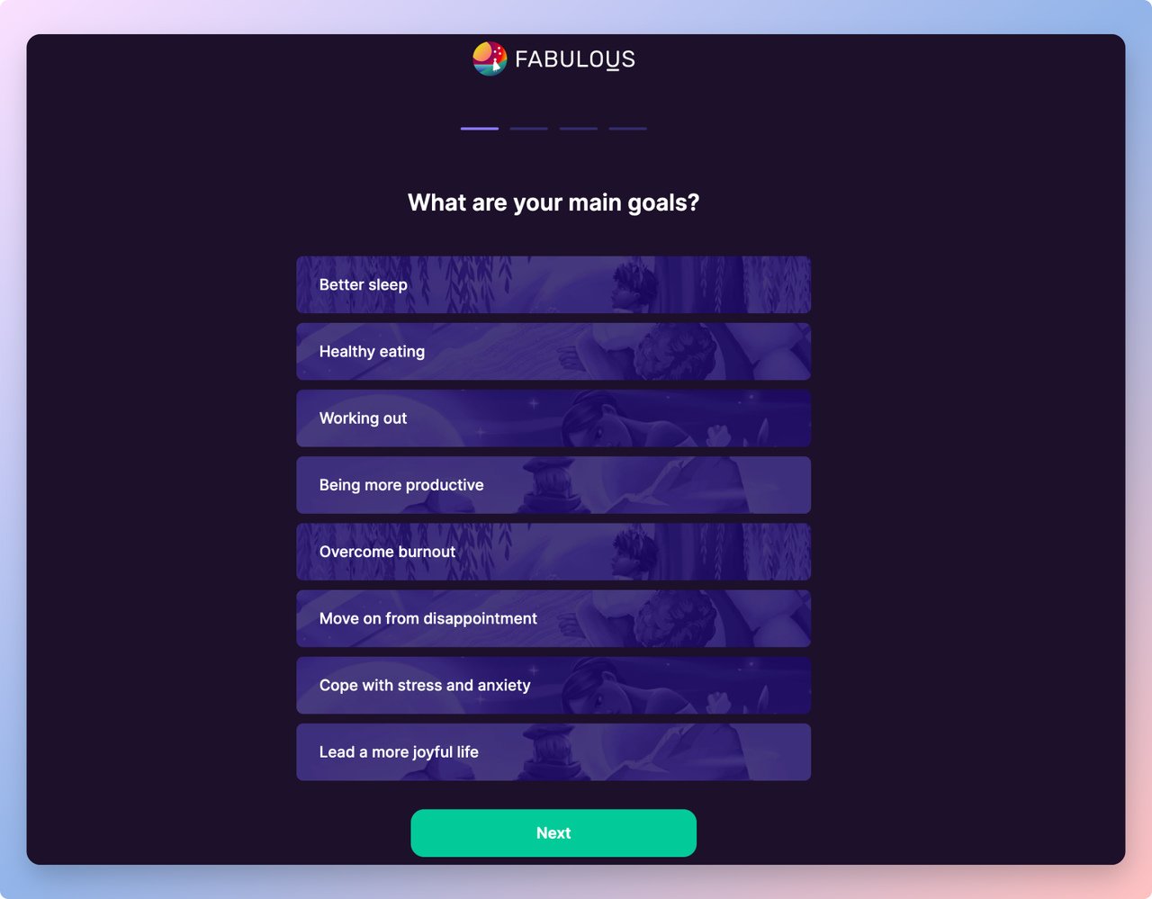 Fabulous brand onboarding quiz as a gamification example that asks what are your main goals with different option answers