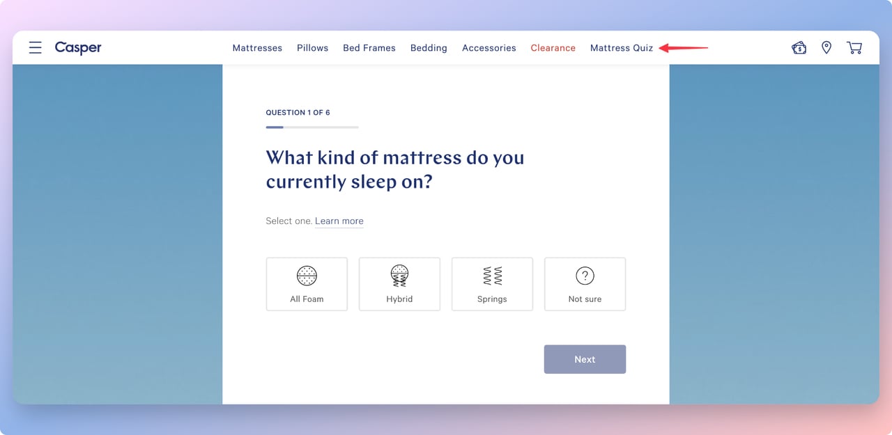 Casper mattress quiz page asking users what kind of mattress they currently sleep on, with four answer options