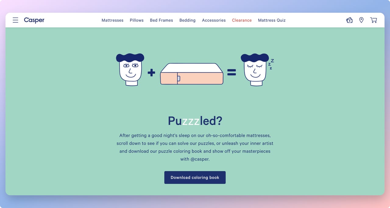 Casper Puzzled page with an illustration of a girl and a bed, featuring a rebus puzzle as an ecommerce gamification example
