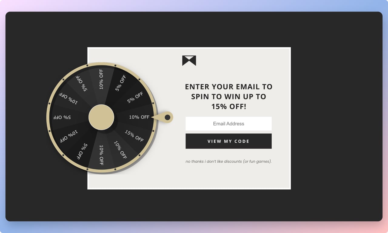 William Painter spin the wheel popup example as a gamification strategy with discount segments from 5% to 15%