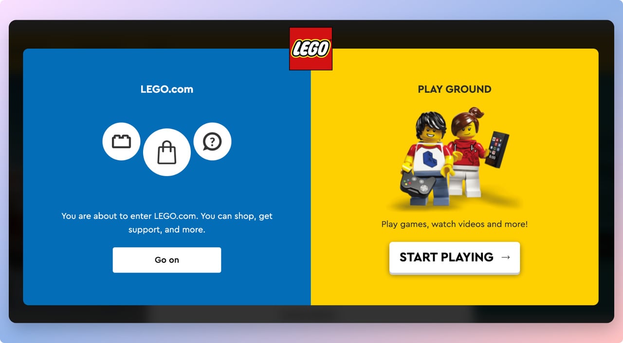 Lego navigational popup with Lego characters and call to actions to visit the homepage or the playground gamification hub