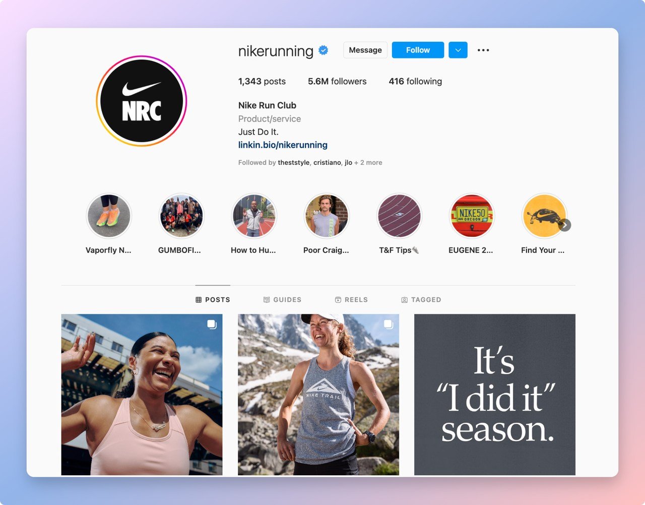 Nike Run Club Instagram page showing follower counts, following counts, and recent posts from the running community