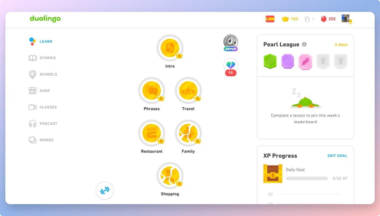 Duolingo in-app gamification showing the learning page with different lesson levels and an illustration of Duo the bird character