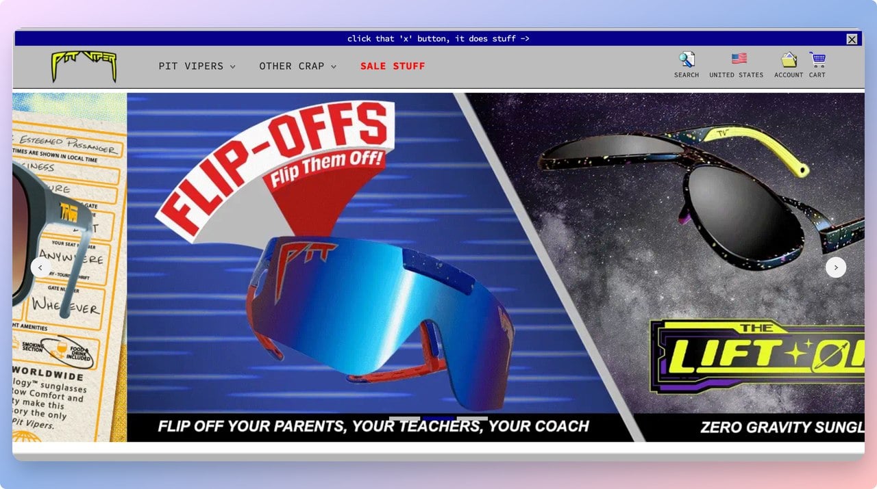 Pit Viper sunglasses website homepage styled like an old computer interface as an ecommerce gamification example