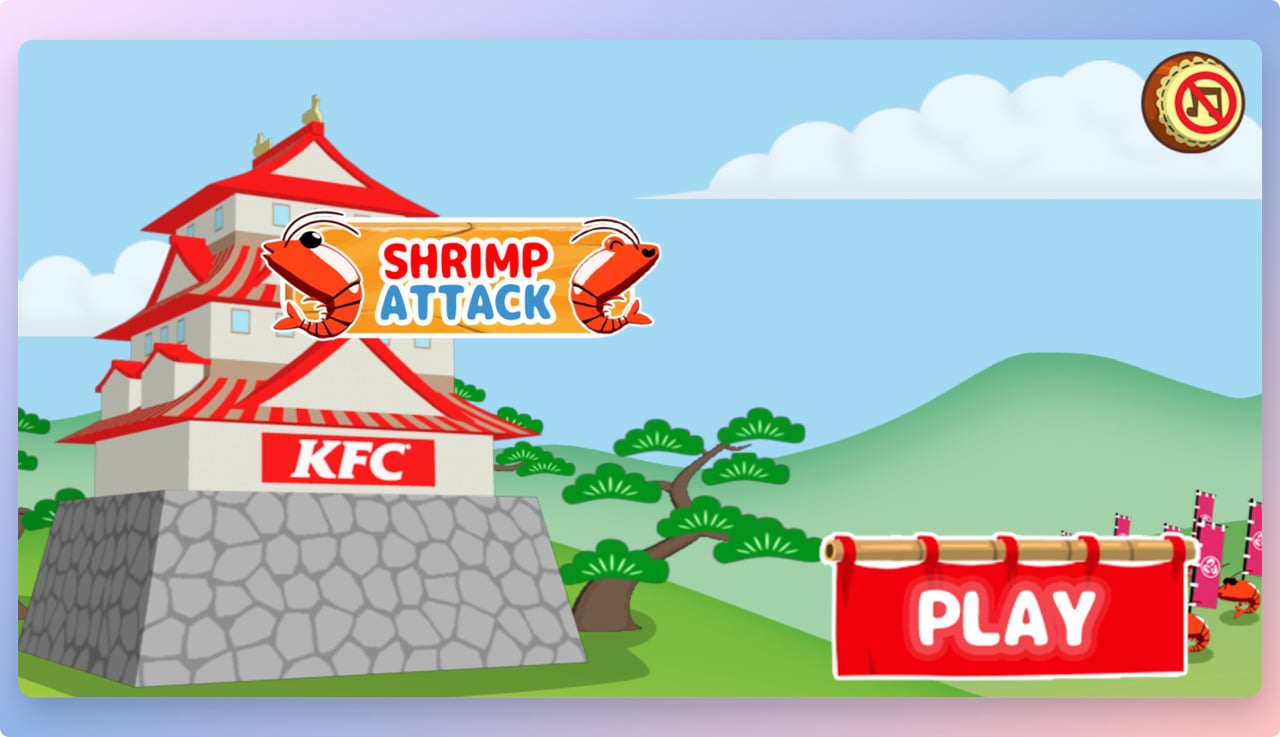 KFC Shrimp Attack gamification landing page with an illustration of a Japanese house and a red shrimp character